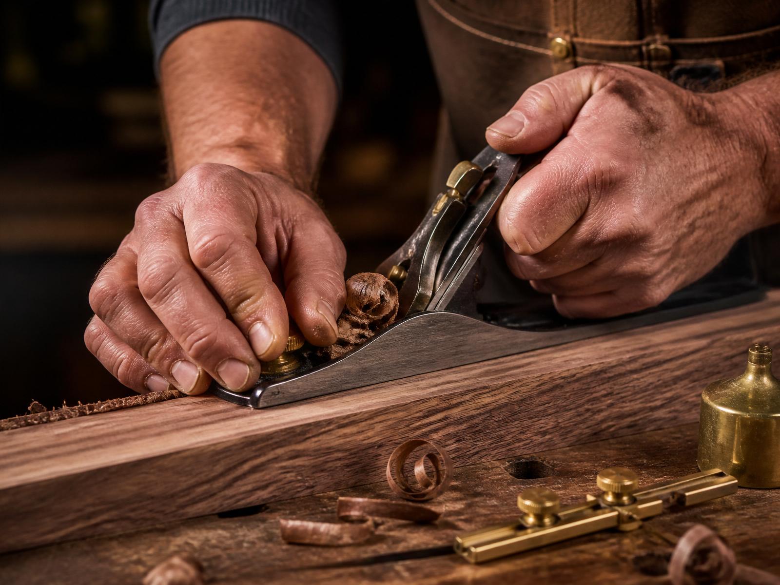 Master craftsman planing walnut in the FORRE workshop