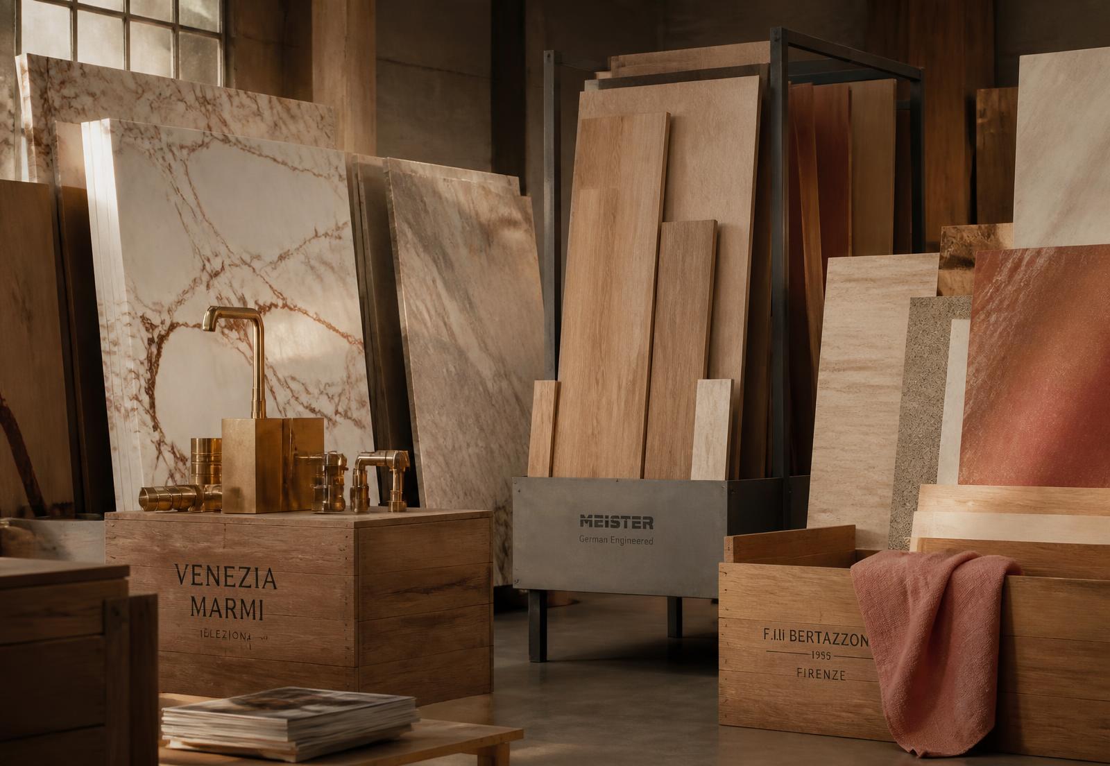 Warehouse of imported marble slabs and engineered wood panels