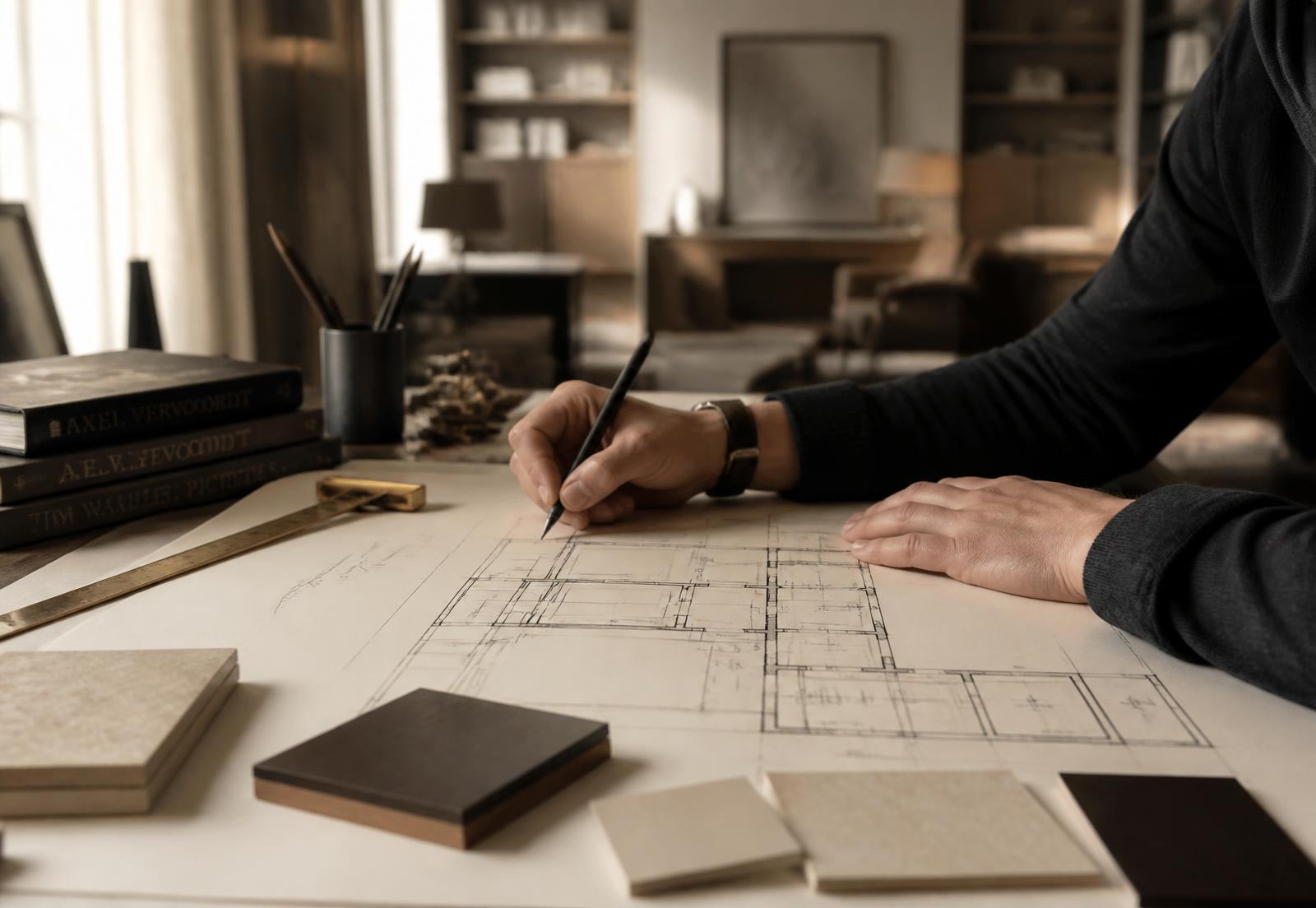 Architect sketching floor plans on warm ivory paper with brass ruler