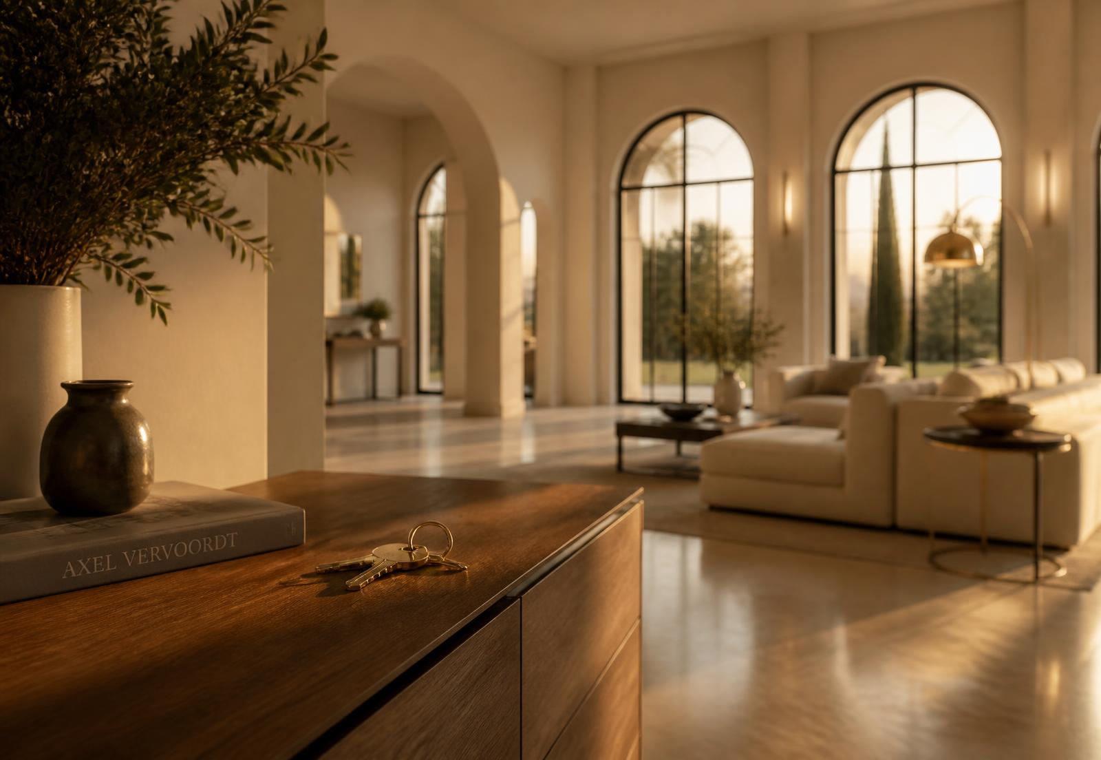 Keys placed on a walnut console in a finished luxury living room at golden hour